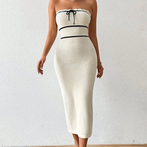 Apricot Elegant Women's Tube Top Dress Fashion Knitted Dress - Picture 6 of 7